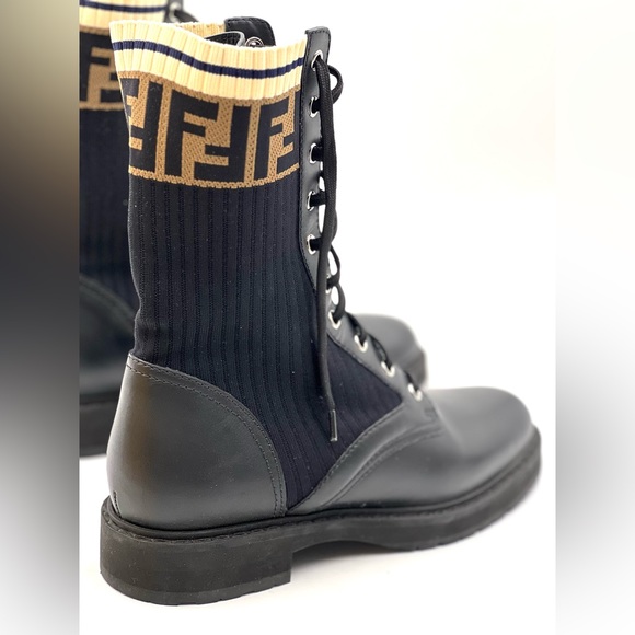 Fendi Rockoko Leather & Knit Combat Boots - Picture 4 of 8